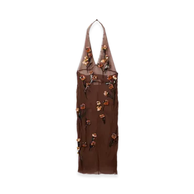 MIU MIU Women's Chiffon Dress with Floral Embroidery "Cocoa Brown"