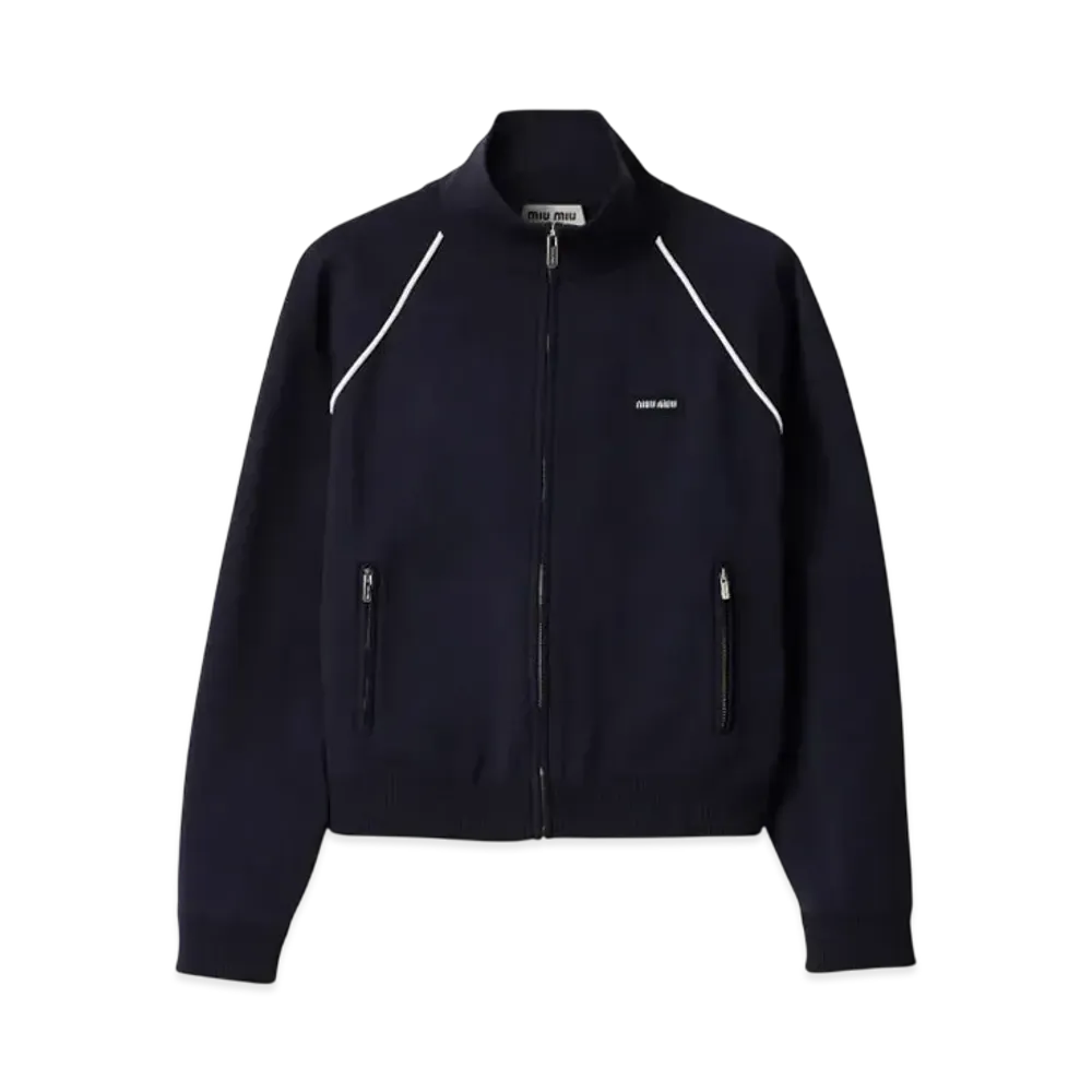 MIUMIU Women's Technical Yarn Zipper Cardigan "Navy/White"