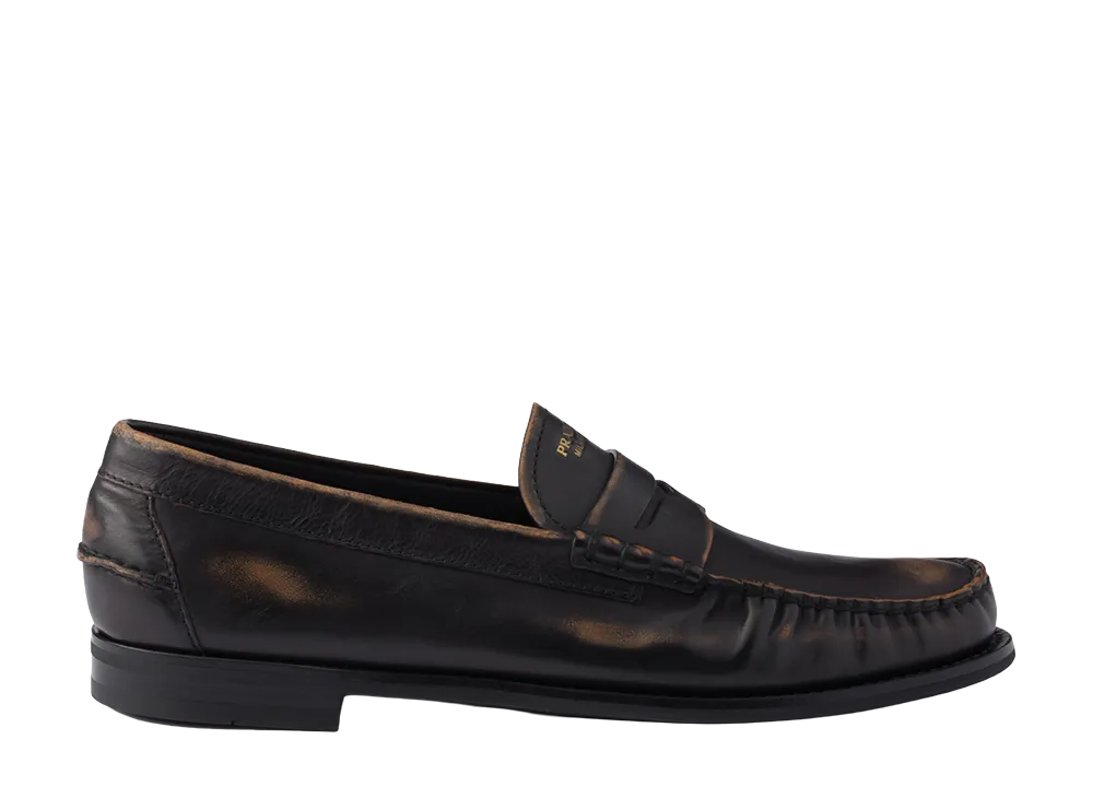 PRADA Antiqued Leather Loafers "Black/Tan"