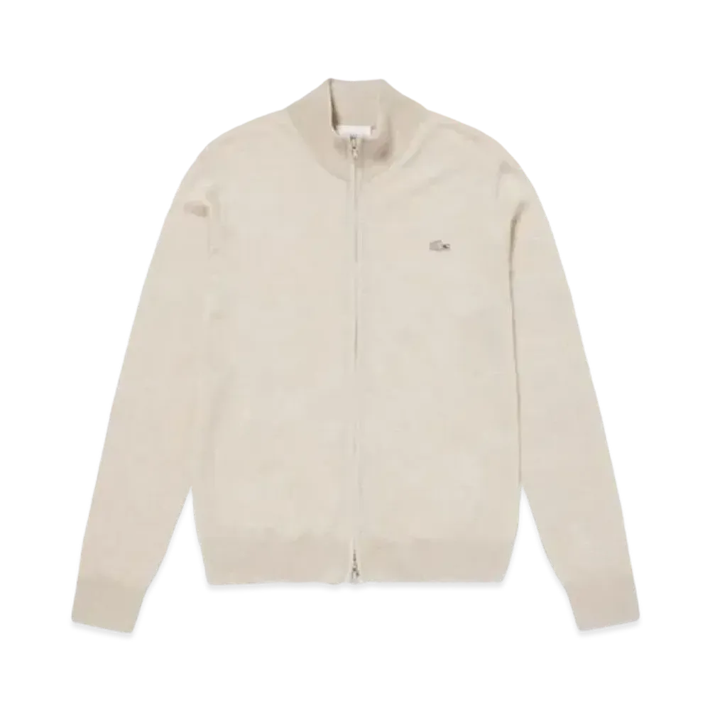 LACOSTE Washable Wool Zip Up Knit Sweater "Beige"