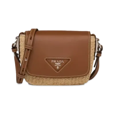 PRADA Raffia & Leather Shoulder Bag "Beige/Cognac"