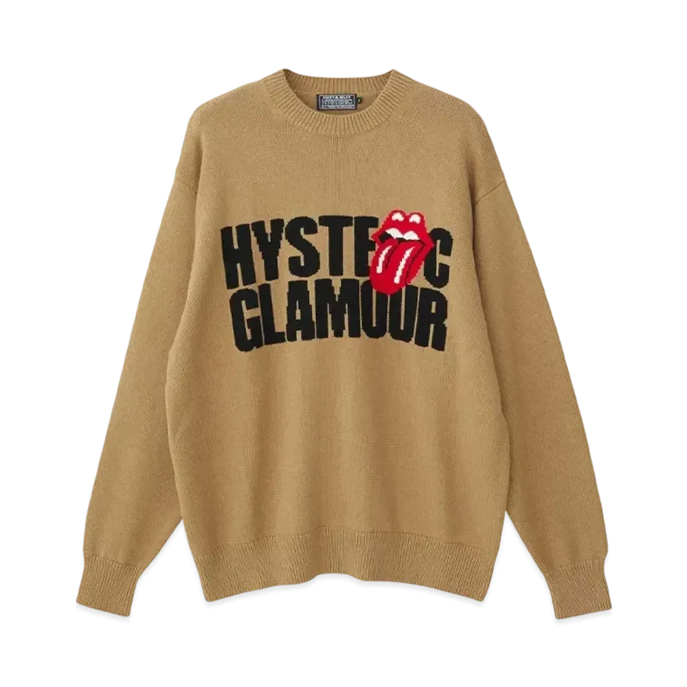 HYSTERIC GLAMOUR x THE ROLLING STONES Logo/Tongue Woven Sweater "Beige"