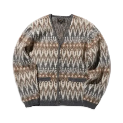 BEAMS Cardigan Double Jacquard Chevron Pattern "Gray"