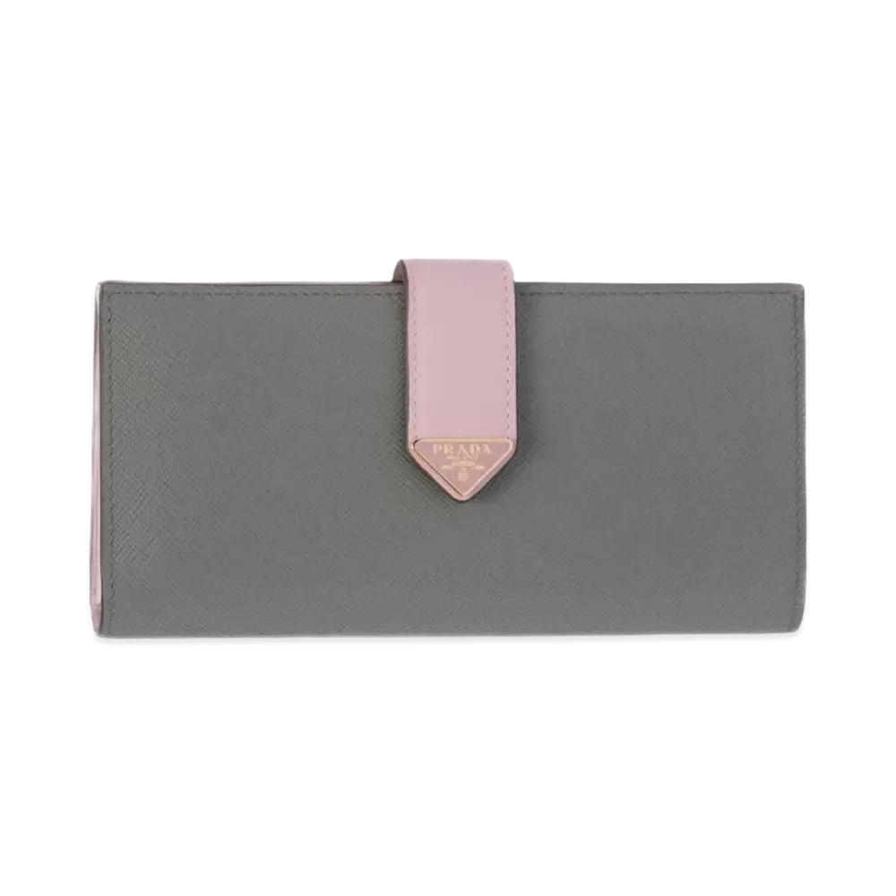 PRADA Large Saffiano And Smooth Leather Wallet "Gray/Pink"