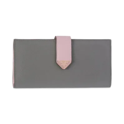 PRADA Large Saffiano And Smooth Leather Wallet "Gray/Pink"