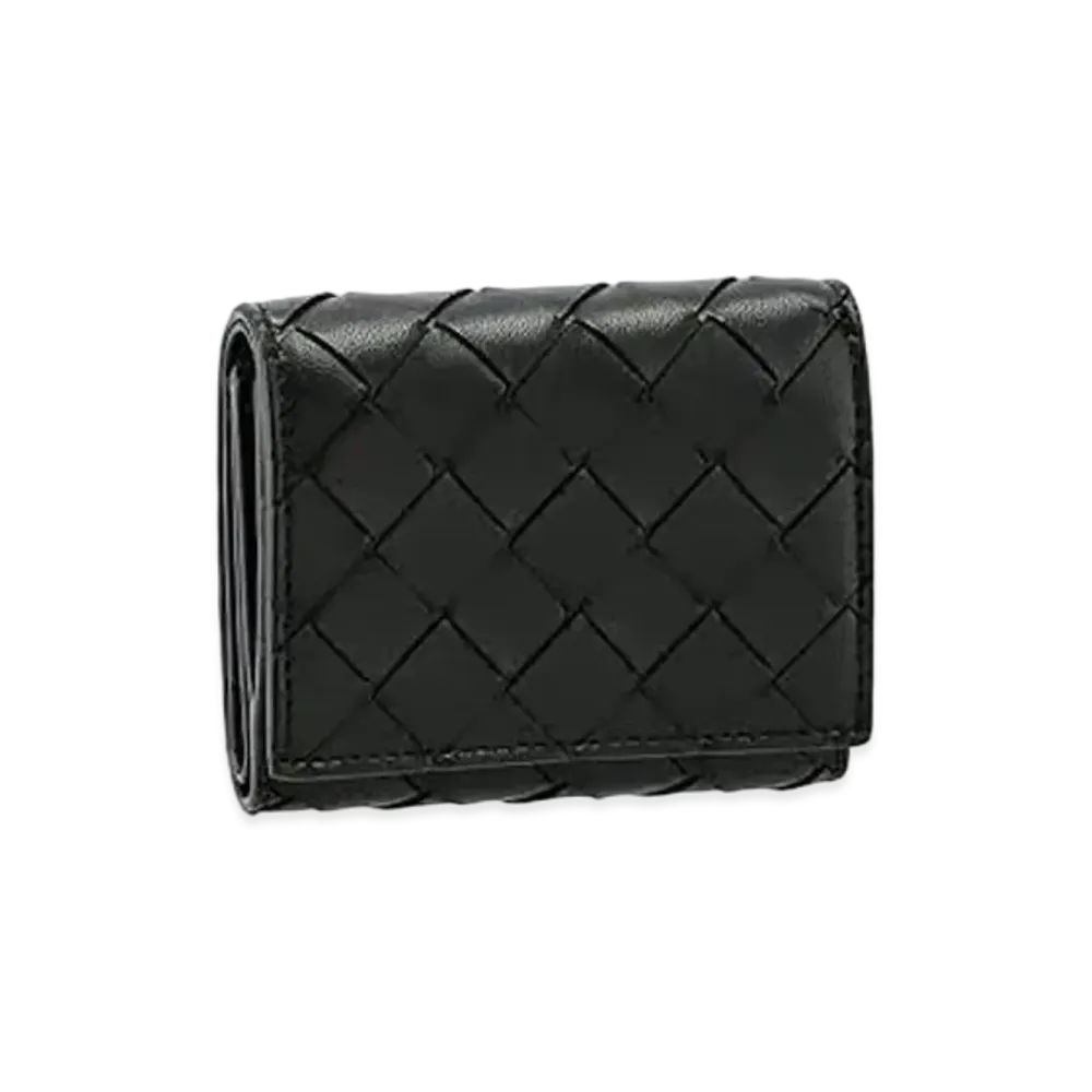 Bottega Veneta Intrecciato Lambskin Calfskin Small Trifold Zip Wallet "Black"