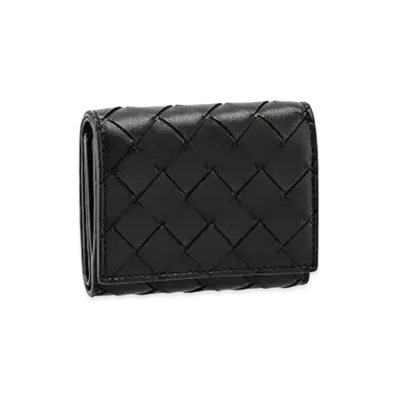 Bottega Veneta Intrecciato Lambskin Calfskin Small Trifold Zip Wallet "Black"