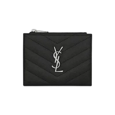 Saint Laurent Monogram Zipped Card Case In Grain De Poudre Embossed Leather "Black"
