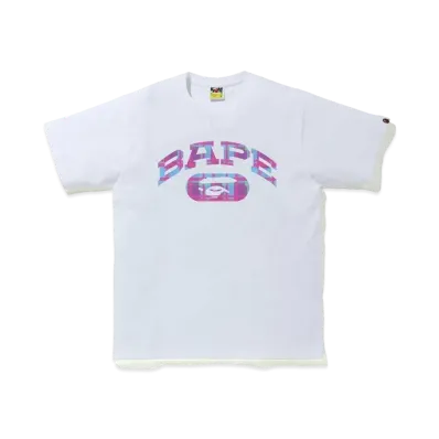 A BATHING APE CHECK COLLEGE LOGO TEE "White/Purple"