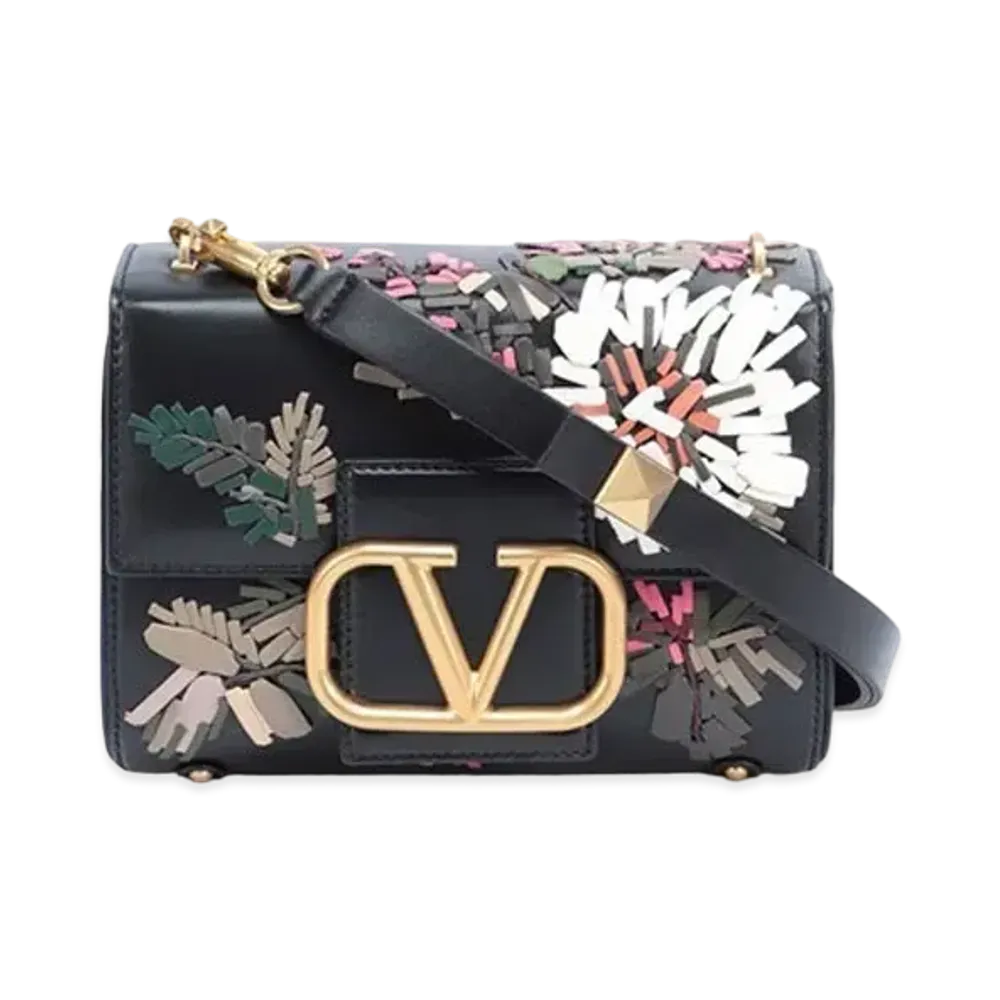 Valentino Studs Sign Floral Embroidery Shoulder Bag "Black/Multicolor"
