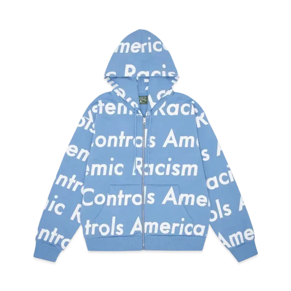 DENIM TEARS x Arthur Jafa Systemic Racism Controls America Zip Up Hoodie "Dusty Blue"