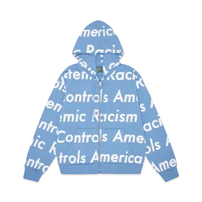 DENIM TEARS x Arthur Jafa Systemic Racism Controls America Zip Up Hoodie "Dusty Blue"