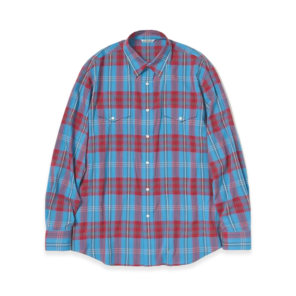 AURALEE High Twist Cotton Silk Check Shirt "Blue Check"