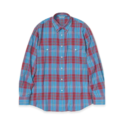 AURALEE High Twist Cotton Silk Check Shirt "Blue Check"