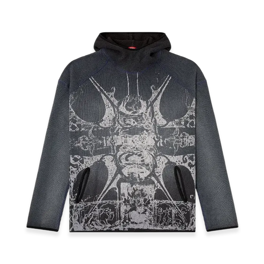 Diesel S-Waf-Hood-New Faded Waffle Hoodie With Graphic Print "Black"