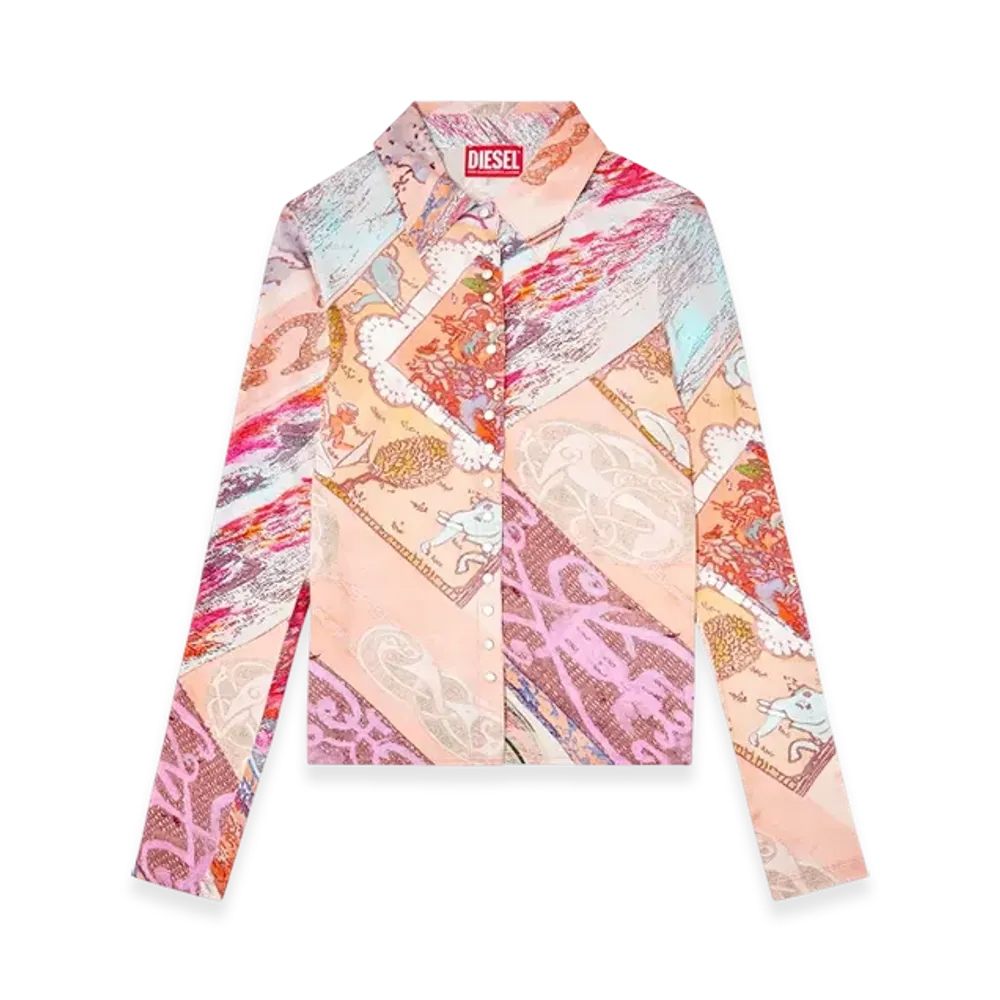 Diesel C-Amelia Stretch-Viscose Shirt With Heraldic Print "Pink White"