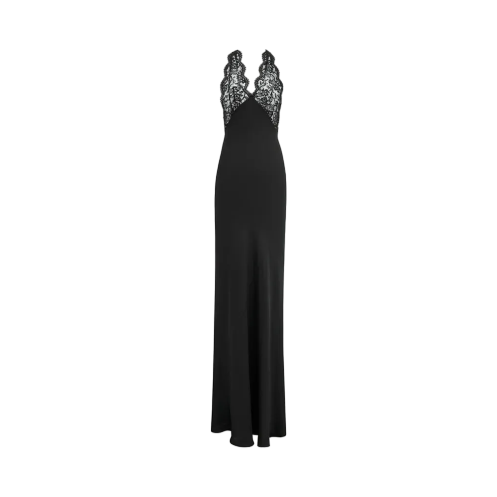 Saint Laurent Women's Halter Dress in Silk Charmeuse and Lace "Black"