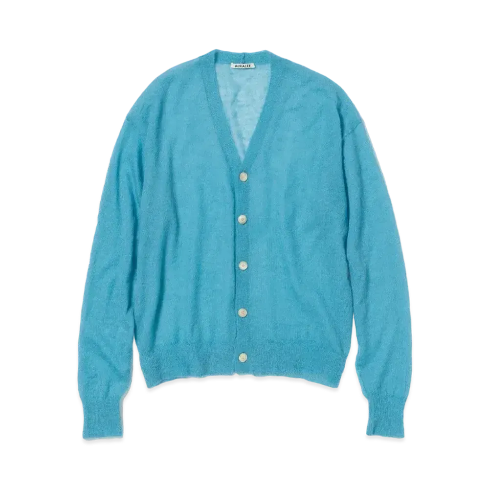 AURALEE Kid Mohair Sheer Knit Cardigan "Turquoise Blue"