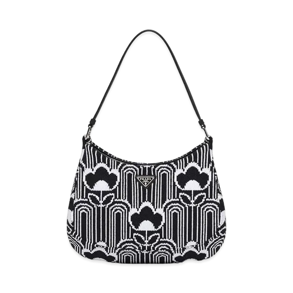 PRADA Cleo Jacquard Knit And Leather Bag "Black/White"