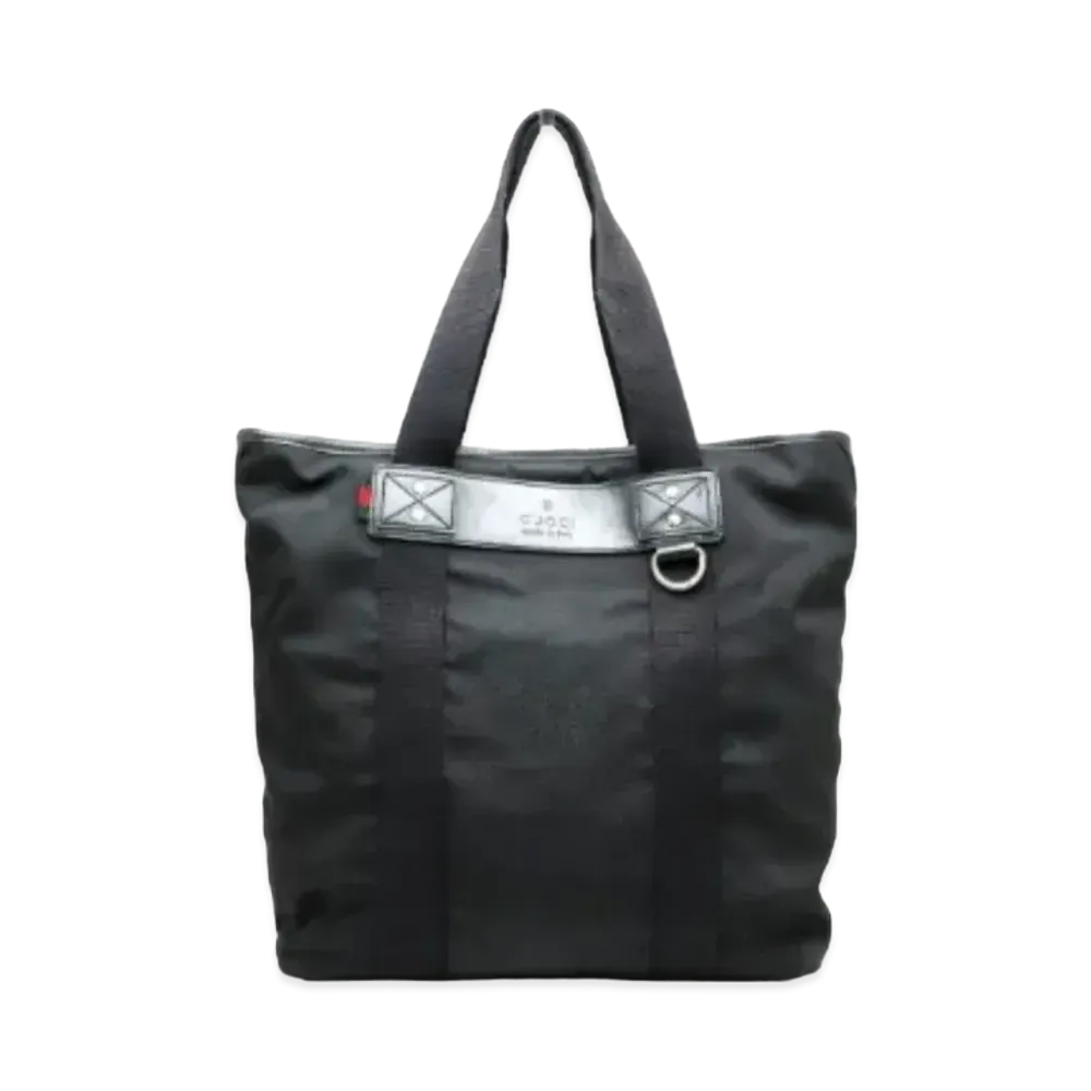 GUCCI Sherry Parana Nylon Leather Tote Bag with Web Loop "Black"