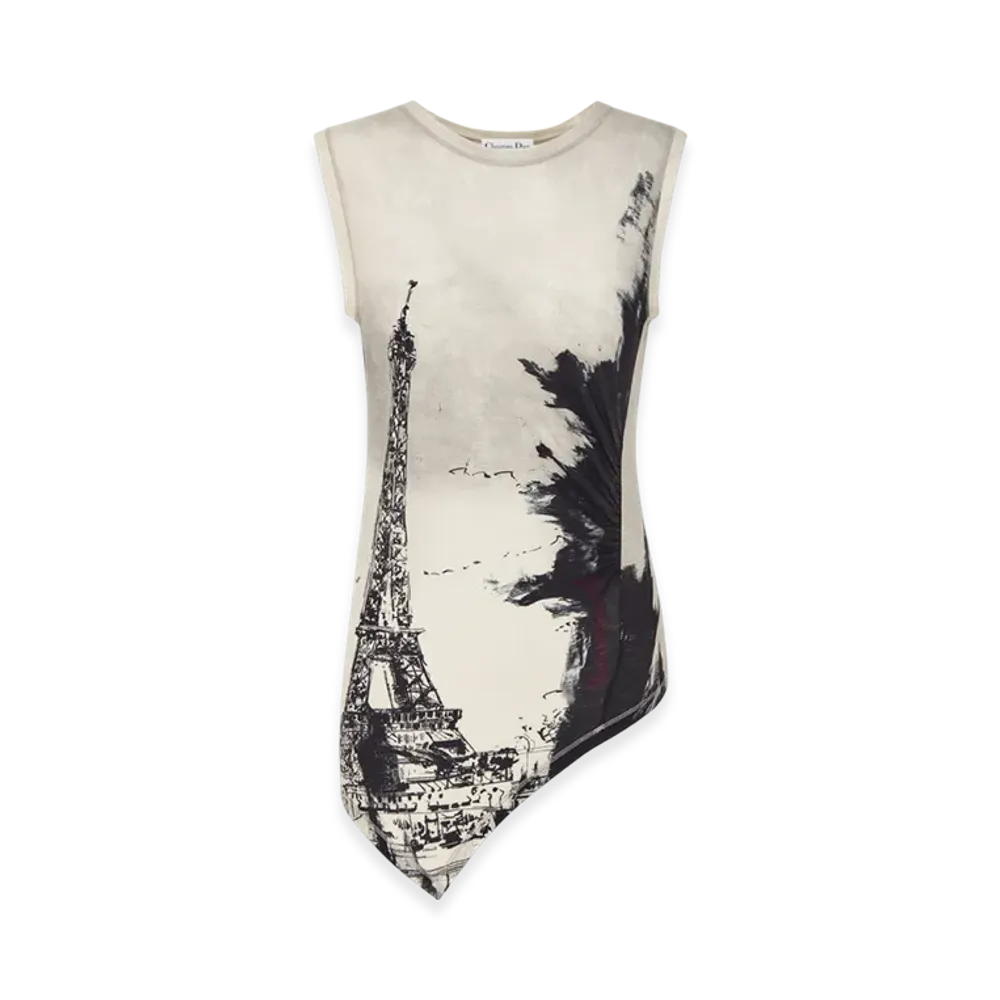 Dior Women's Cotton Jersey with Paris Motif Asymmetric Tank Top "Black/White"