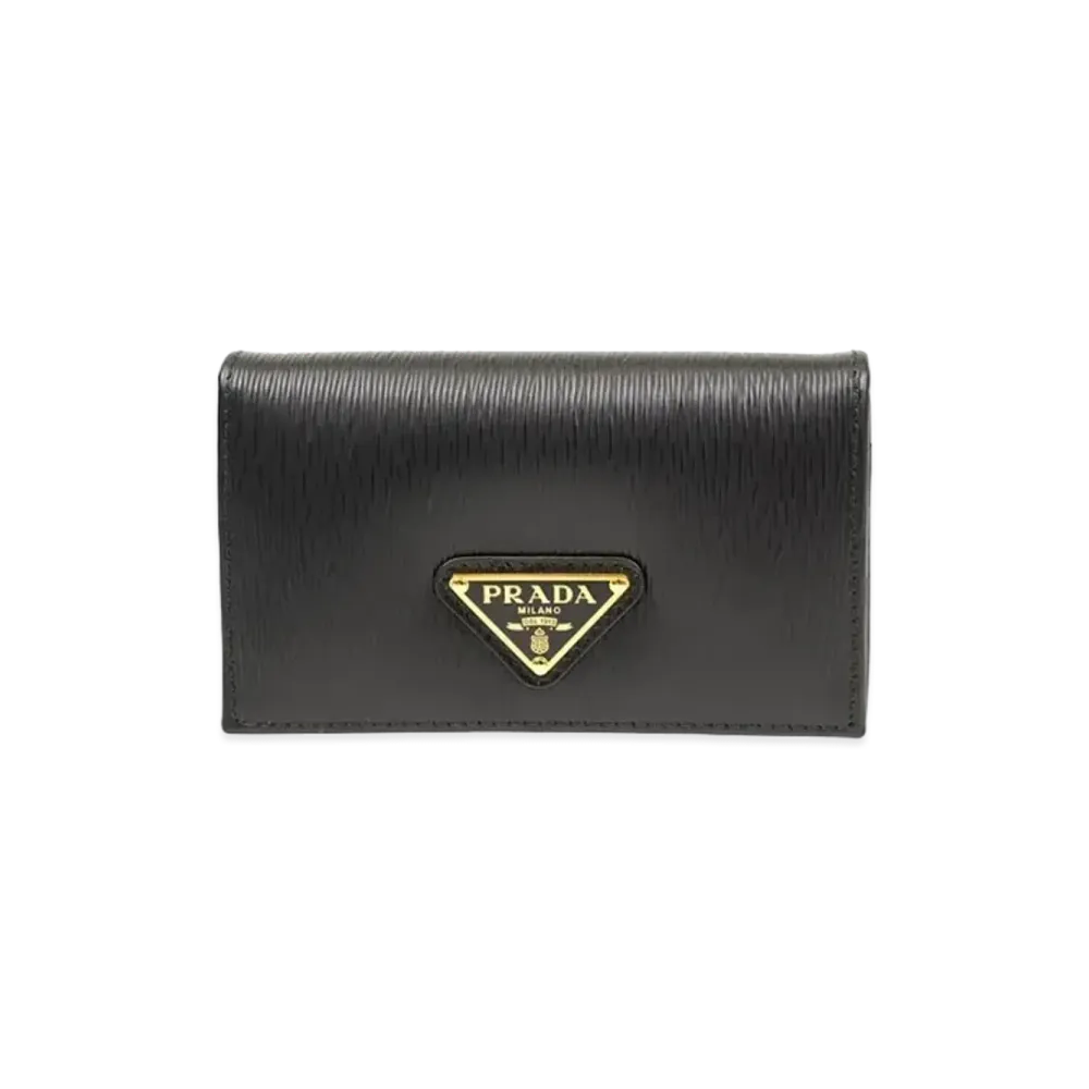 PRADA Vitello Triangle Logo Flap Card Holder "Black"