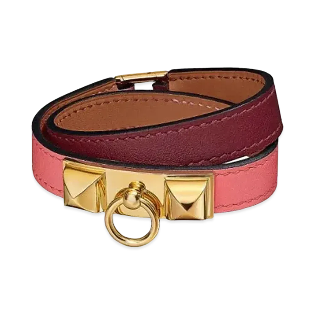 Hermes Rivale Leather Bracelet "Rouge H/Rose Azalee/Gold"