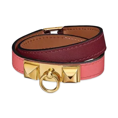 Hermes Rivale Leather Bracelet "Rouge H/Rose Azalee/Gold"