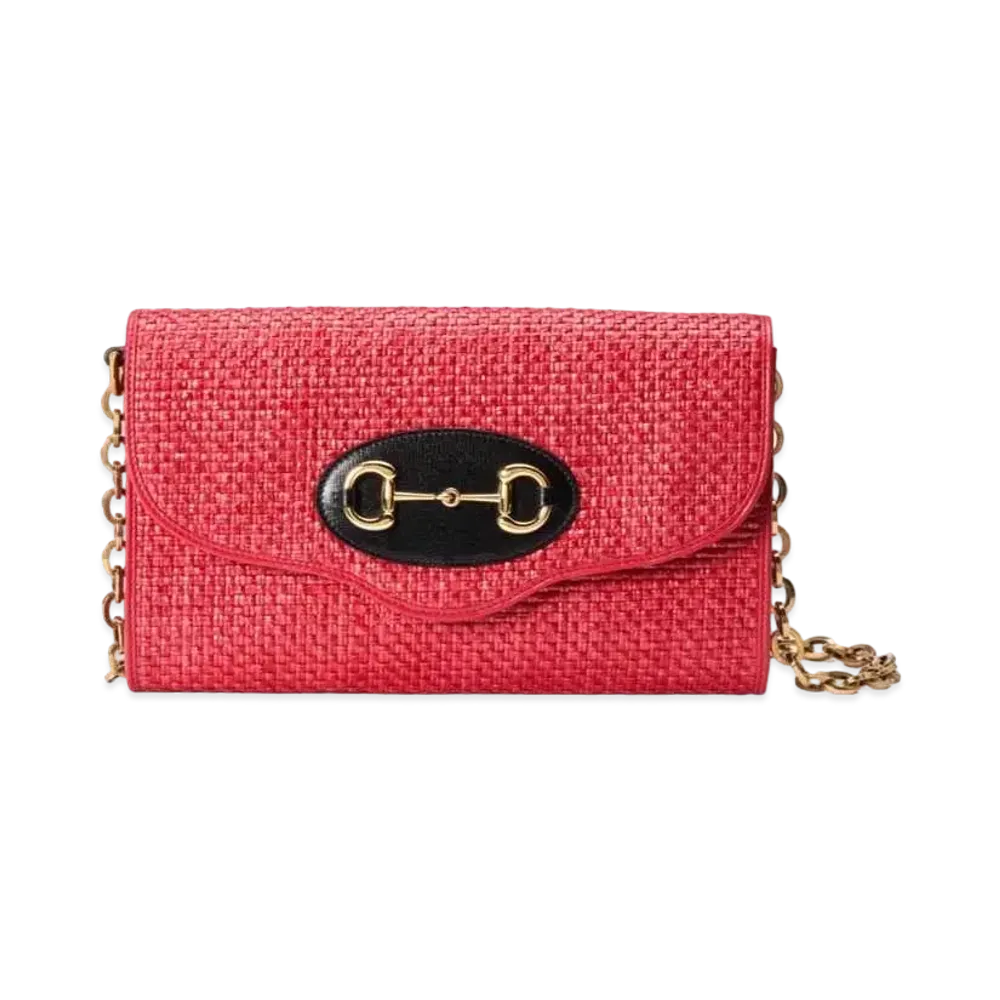 GUCCI Horsebit 1955 Small Shoulder Bag "Coral Straw Effect"