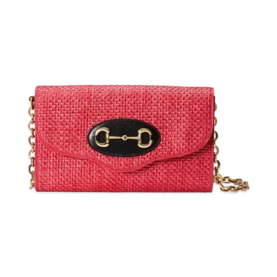 GUCCI Horsebit 1955 Small Shoulder Bag "Coral Straw Effect"
