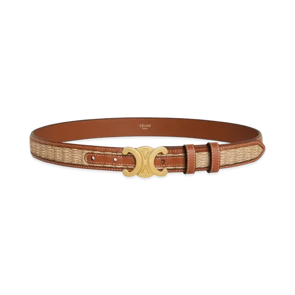 CELINE Medium Triomphe Belt in Textile with Raffia Effect and Calfskin "Tan"