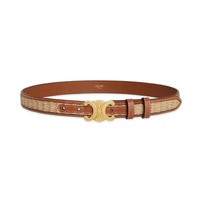 CELINE Medium Triomphe Belt in Textile with Raffia Effect and Calfskin "Tan"