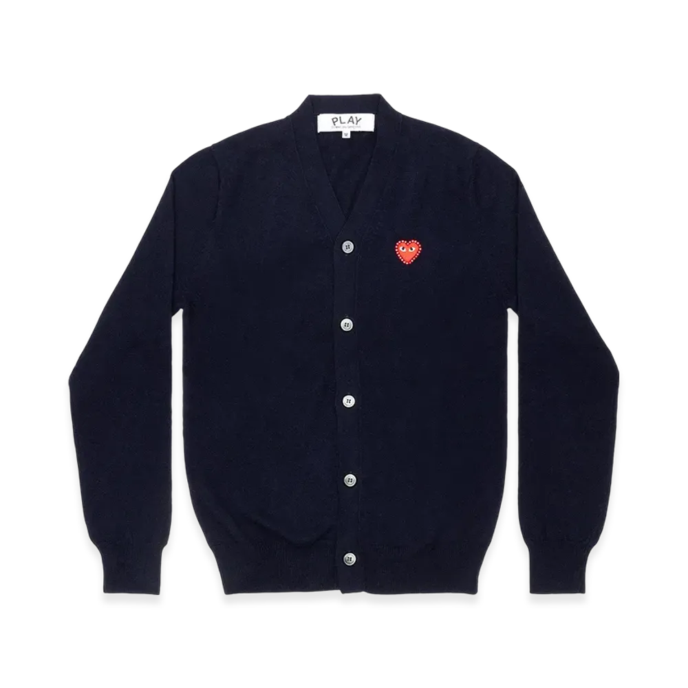 PLAY COMME des GARCONS Unisex V-Neck Cardigan with Emblem x Rhinestone "Navy"
