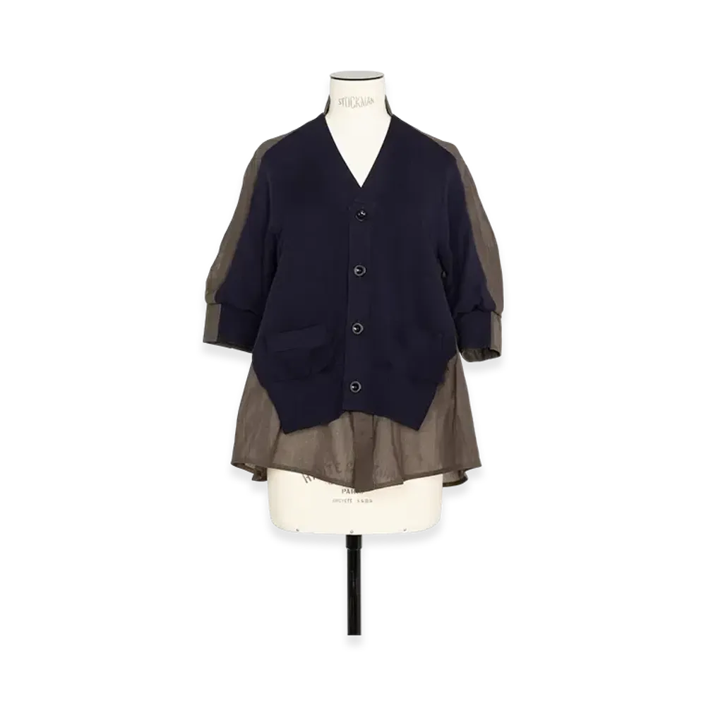 sacai High Twist Voile x Knit Cardigan "Navy/Brown"