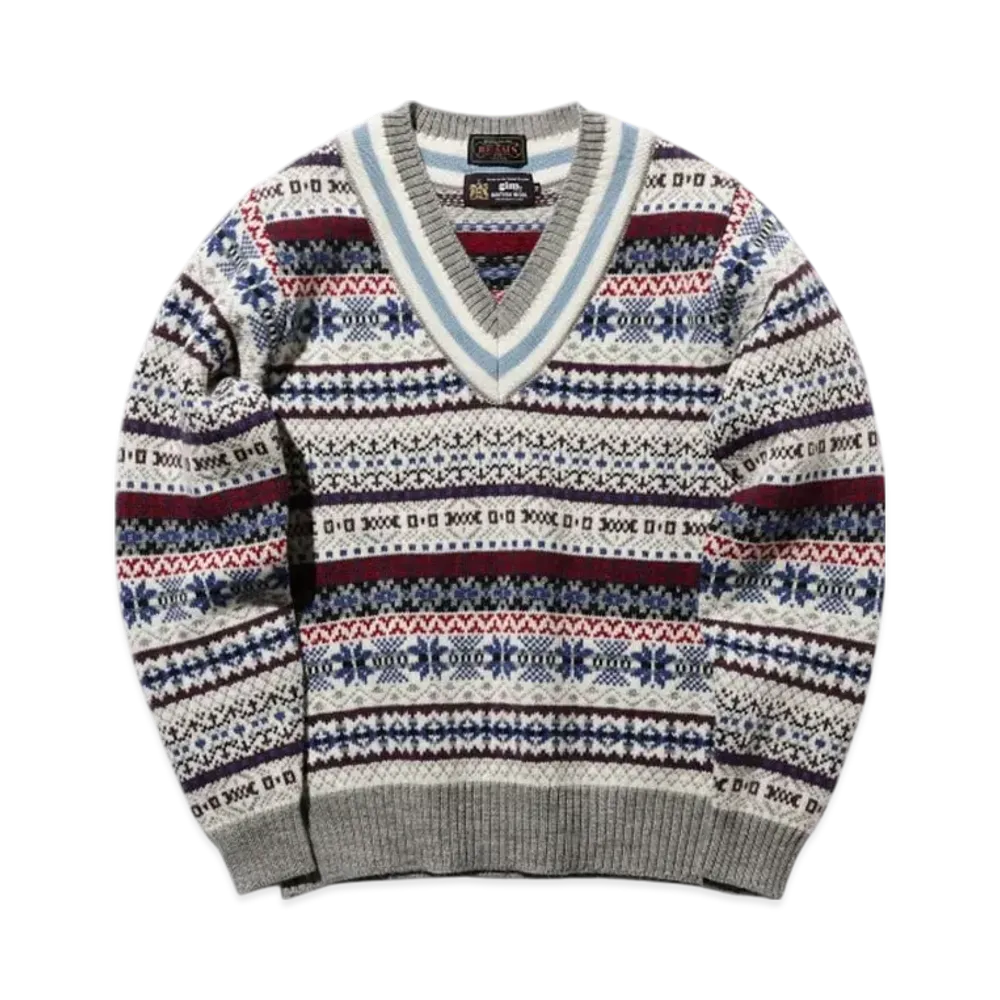 BEAMS Exclusive gim / Fair Isle Cricket V-Neck Knit "Gray"