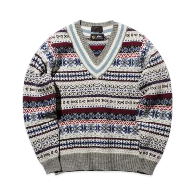 BEAMS Exclusive gim / Fair Isle Cricket V-Neck Knit "Gray"