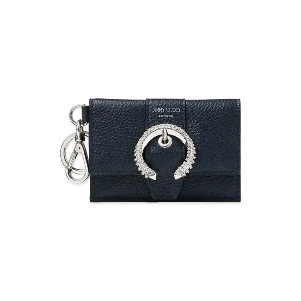 JIMMY CHOO FLAP CARDHOLDER Soft Grainy Calf Leather Card Case With Crystal Buckle "Navy"