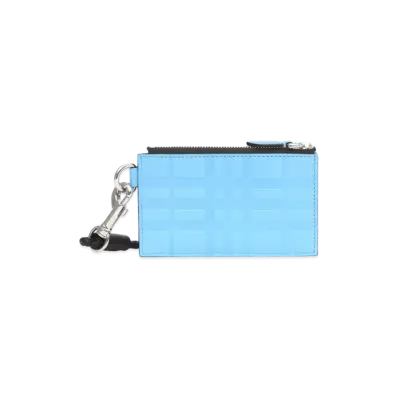 BURBERRY Embossed Check Leather Card Case Lanyard "Soft Cone Flower Blue"
