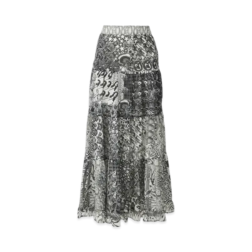 HYSTERIC GLAMOUR HYS Mandara Pattern Tiered Long Skirt "White/Black"