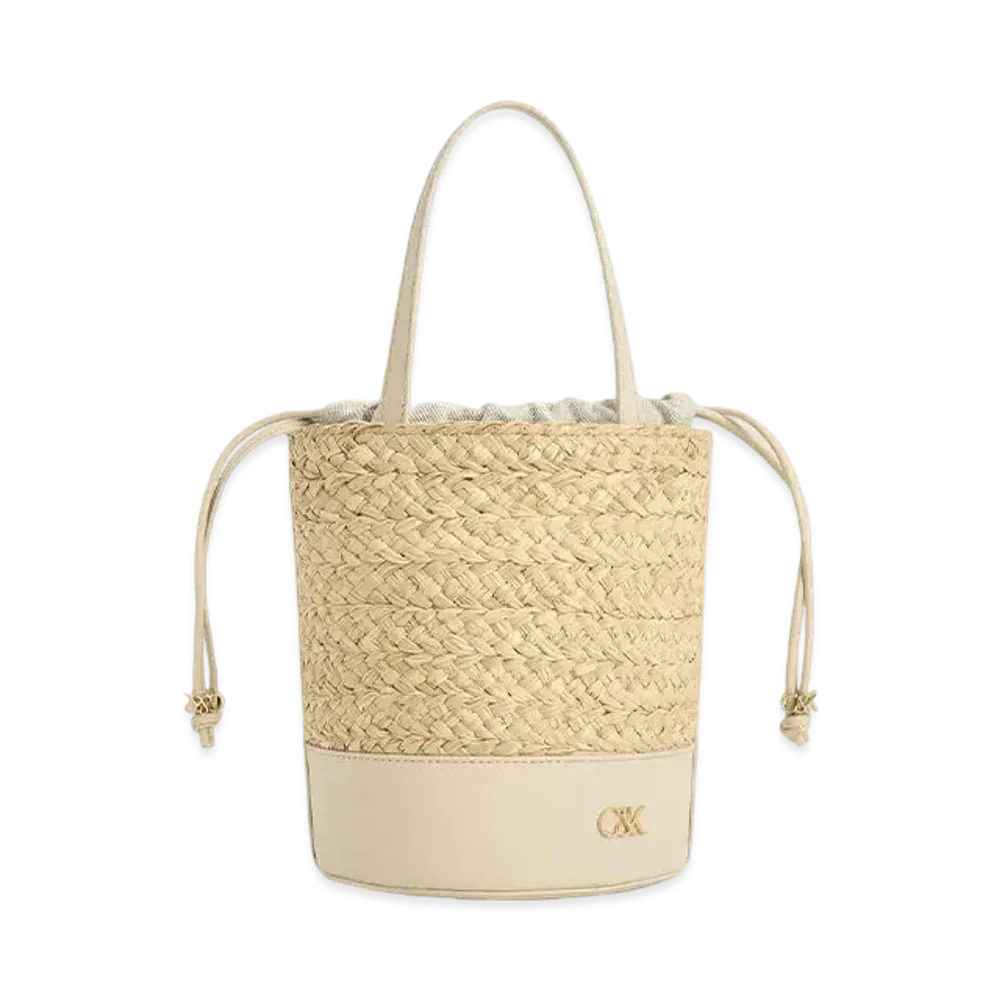 CHARLES & KEITH Leather & Raffia Bucket Bag "Beige"