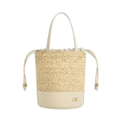 CHARLES & KEITH Leather & Raffia Bucket Bag "Beige"