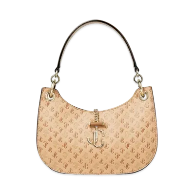 Jimmy Choo Varenne Hobo/S JC Logo Pattern And Leather Hobo Handbag With JC Logo "Caramel"