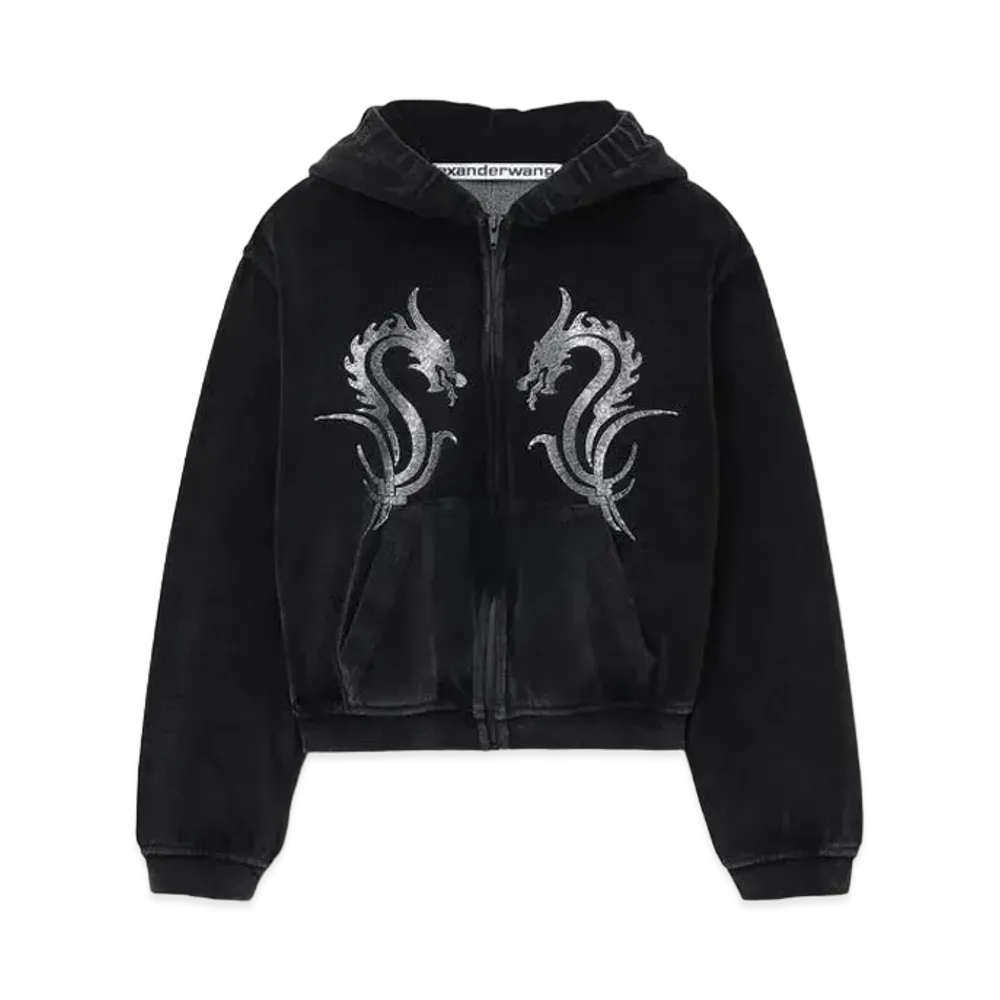 Alexander Wang Dragon Crystal Hotfix Velor Shrunken Zip-Up Hoodie "Black"
