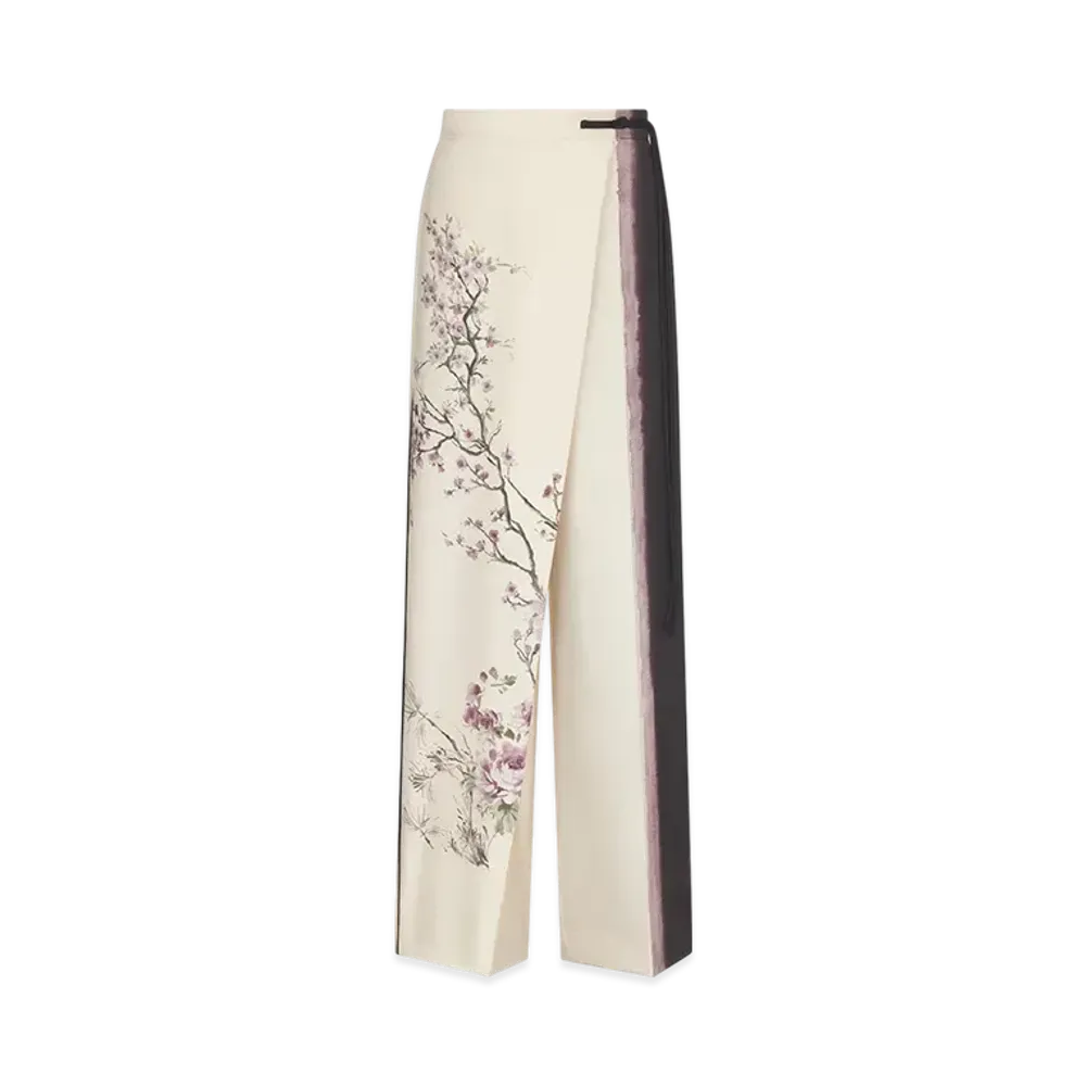 Dior Women's Wrap Pants Silk Twill with Dior Pivoine Motif "White/Multicolor"