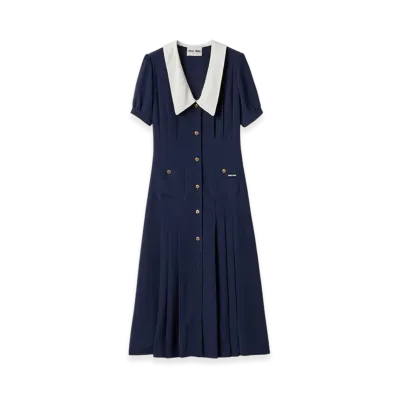 MIU MIU Women's Pleated Marocain Midi Dress "Navy"