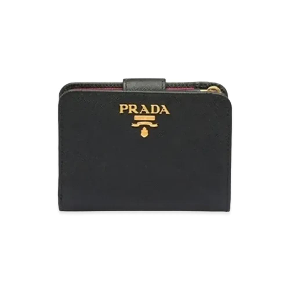 PRADA Small Saffiano Leather Wallet "Black/Hibiscus"