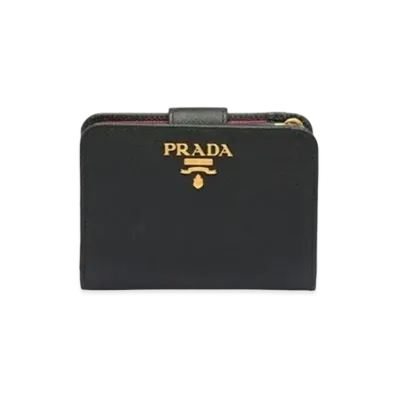 PRADA Small Saffiano Leather Wallet "Black/Hibiscus"