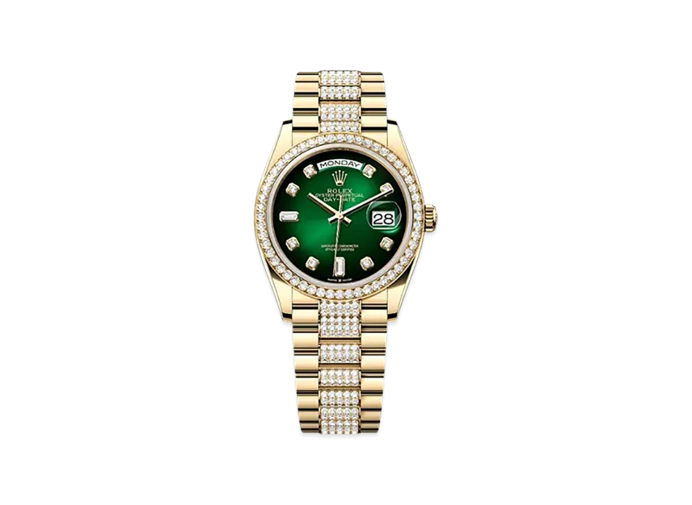 ROLEX Day-Date 36mm Yellow Gold Diamond 128348RBR "Green Ombre"