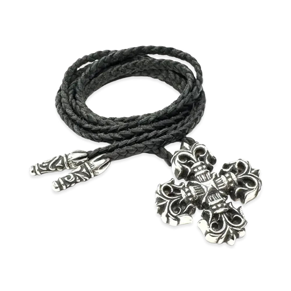 Chrome Hearts Filigree Plus Scroll Tip Leather Braid Necklace "Silver/Black"