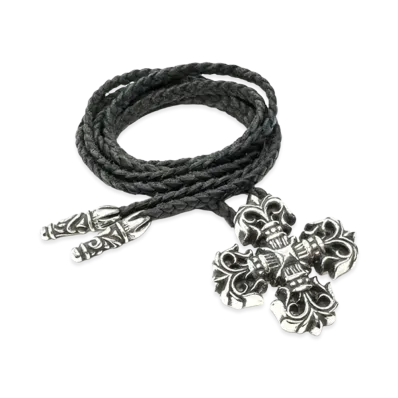 Chrome Hearts Filigree Plus Scroll Tip Leather Braid Necklace "Silver/Black"